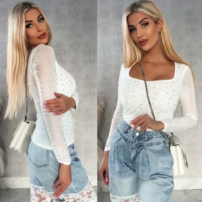 Miękka siateczkowa bluzka z cyrkoniami ONE SIZE biała - R342A
