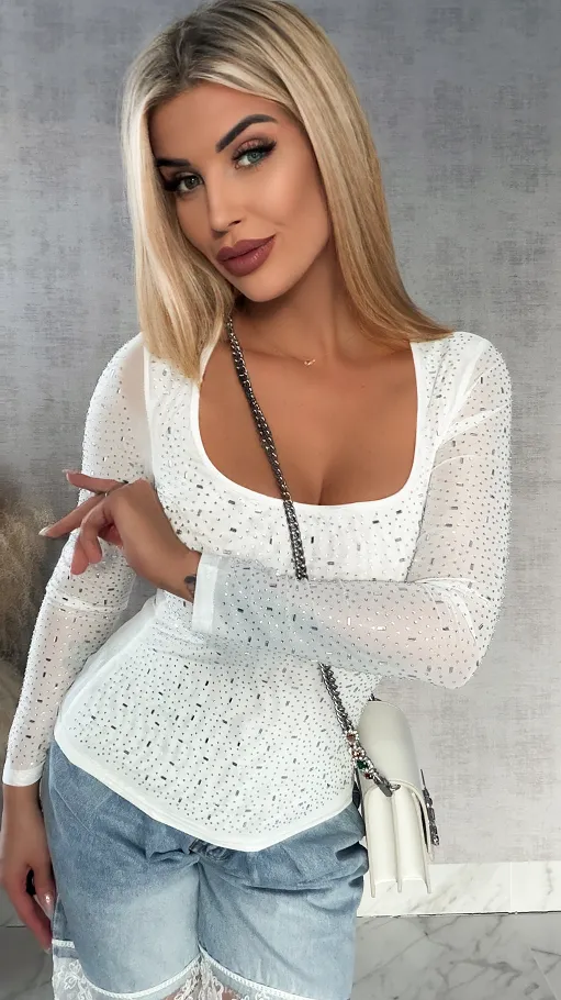 Miękka siateczkowa bluzka z cyrkoniami ONE SIZE biała - R342A