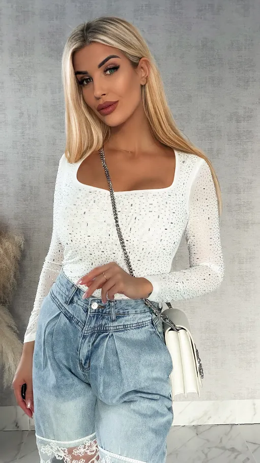 Miękka siateczkowa bluzka z cyrkoniami ONE SIZE biała - R342A