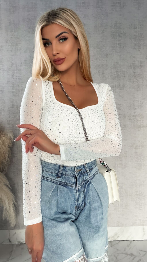 Miękka siateczkowa bluzka z cyrkoniami ONE SIZE biała - R342A