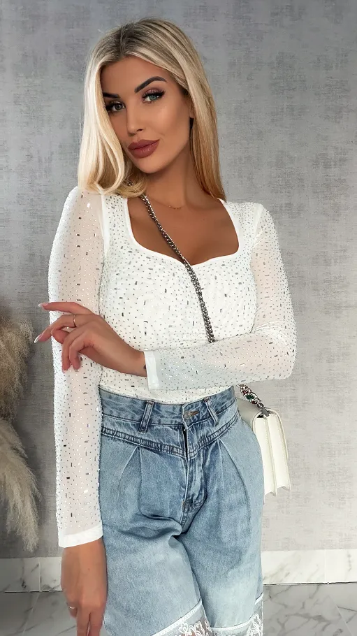 Miękka siateczkowa bluzka z cyrkoniami ONE SIZE biała - R342A