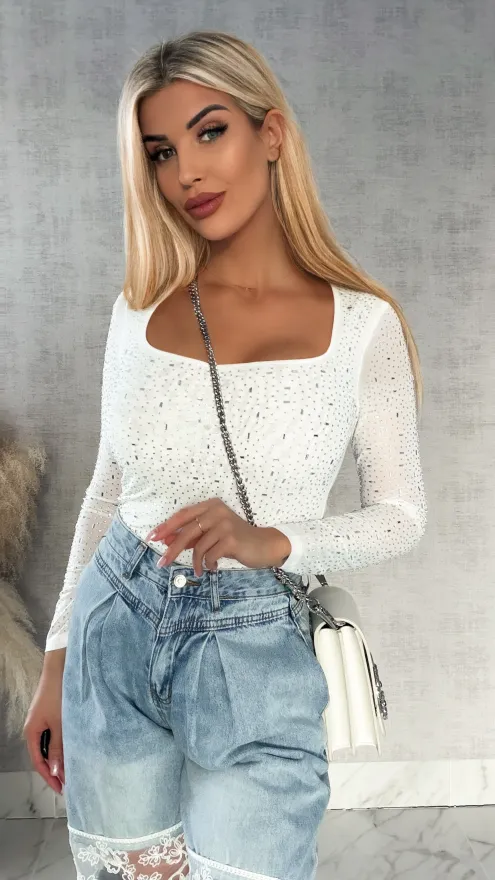 Miękka siateczkowa bluzka z cyrkoniami ONE SIZE biała - R342A