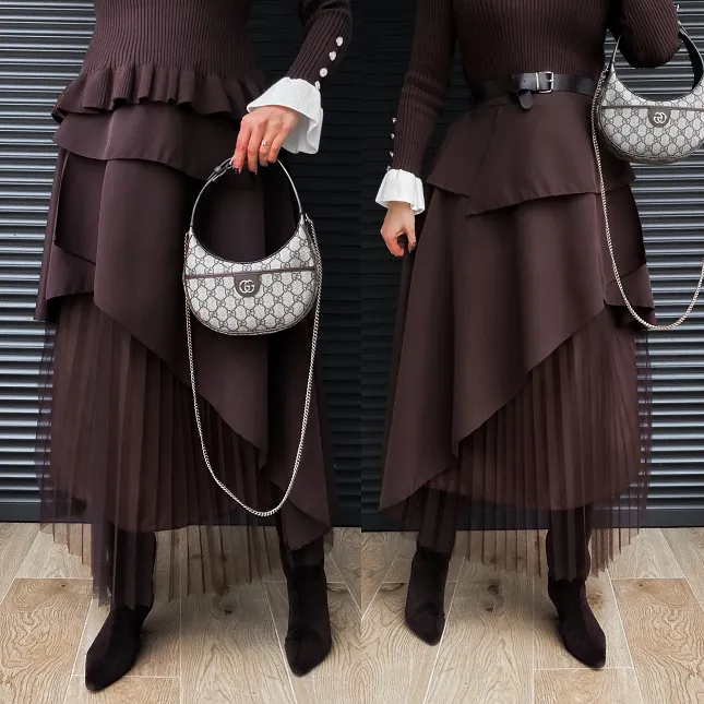 Asymetryczna elegancka spódnica zdobiona tiulem ONE SIZE czekoladowa - R302A