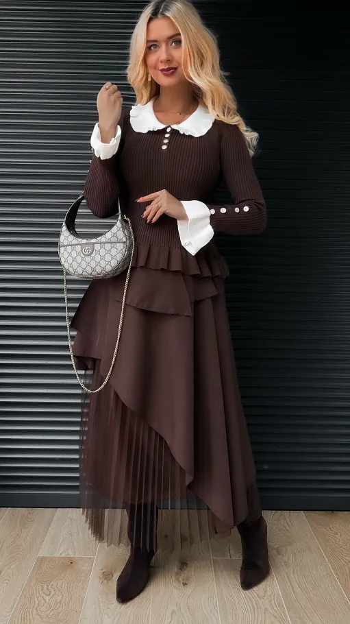 Asymetryczna elegancka spódnica zdobiona tiulem ONE SIZE czekoladowa - R302A