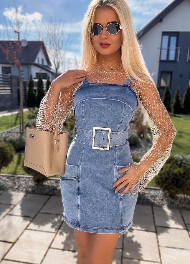Jeansowa sukienka OGRODNICZKA z dużymi kieszeniami + pasek - M971