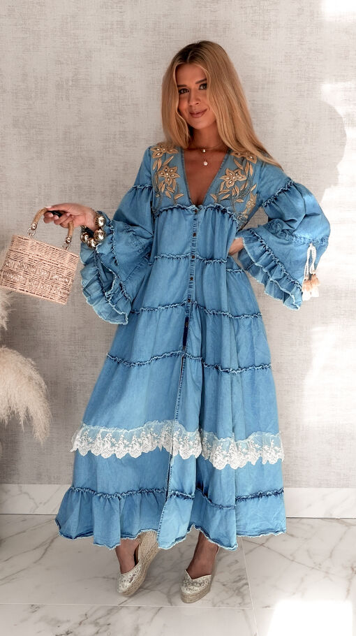 Jeansowa MAXI sukienka zapinana na guziki w stylu BOHO - S153
