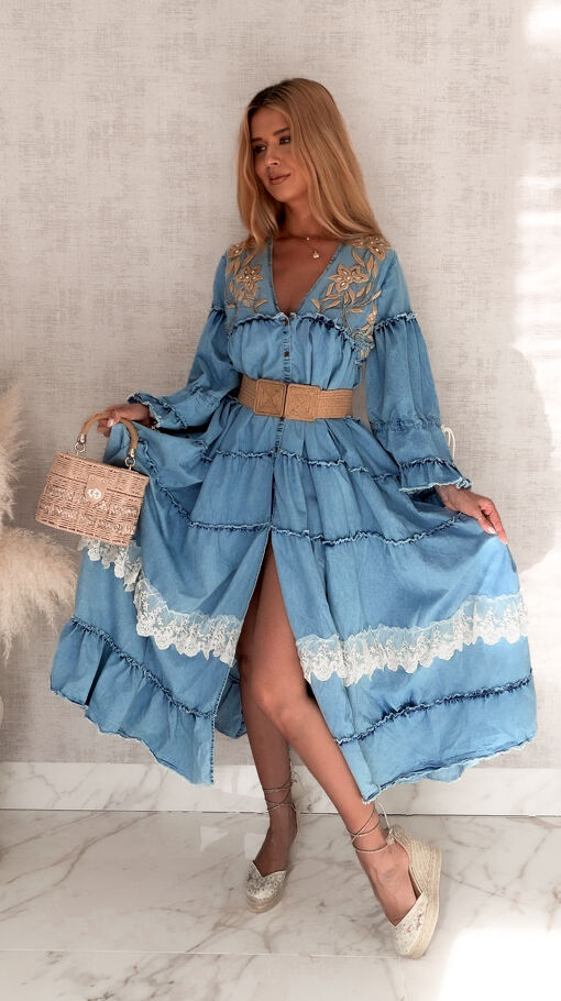Jeansowa MAXI sukienka zapinana na guziki w stylu BOHO - S153
