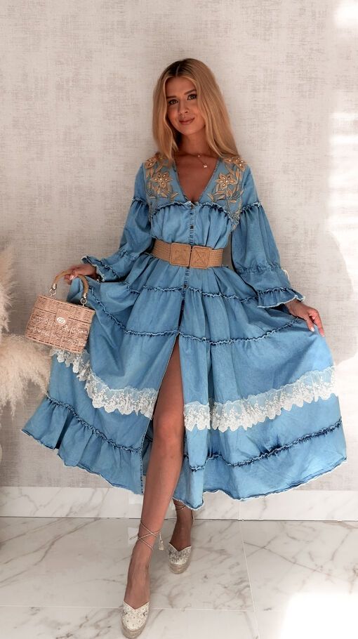 Jeansowa MAXI sukienka zapinana na guziki w stylu BOHO - S153