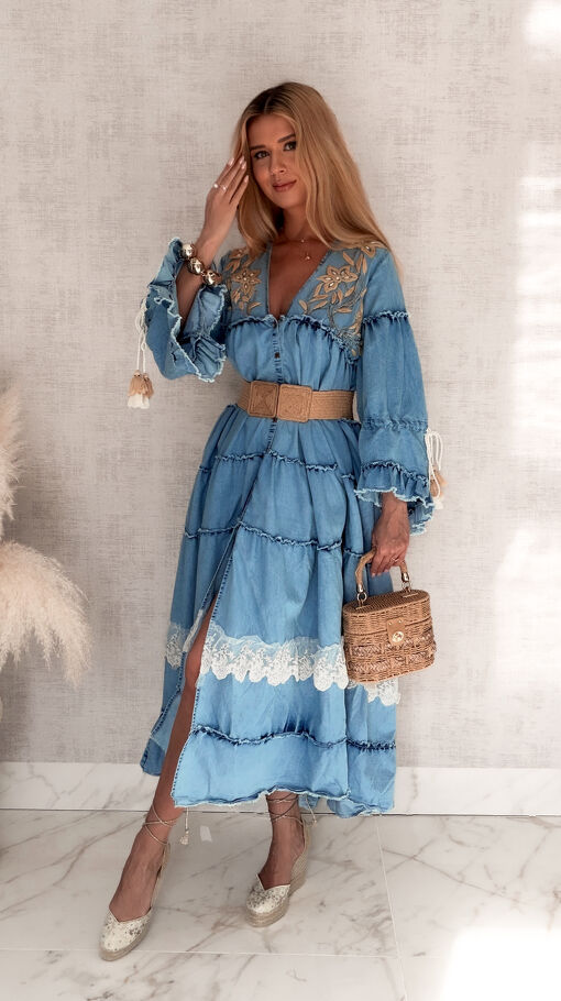 Jeansowa MAXI sukienka zapinana na guziki w stylu BOHO - S153
