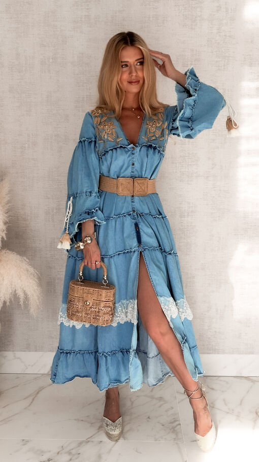 Jeansowa MAXI sukienka zapinana na guziki w stylu BOHO - S153