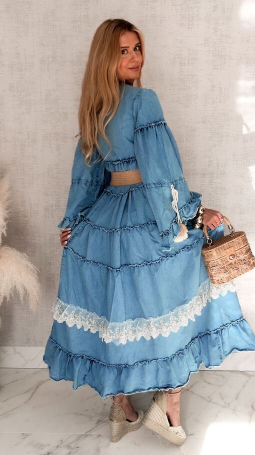 Jeansowa MAXI sukienka zapinana na guziki w stylu BOHO - S153
