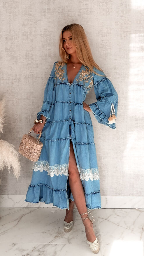 Jeansowa MAXI sukienka zapinana na guziki w stylu BOHO - S153