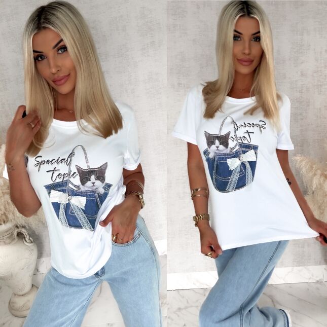 Bawełniana biała bluzka T-SHIRT z kotkiem ONE SIZE - S018