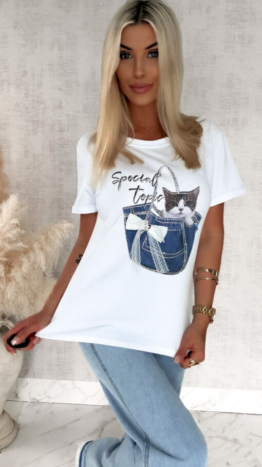Bawełniana biała bluzka T-SHIRT z kotkiem ONE SIZE - S018