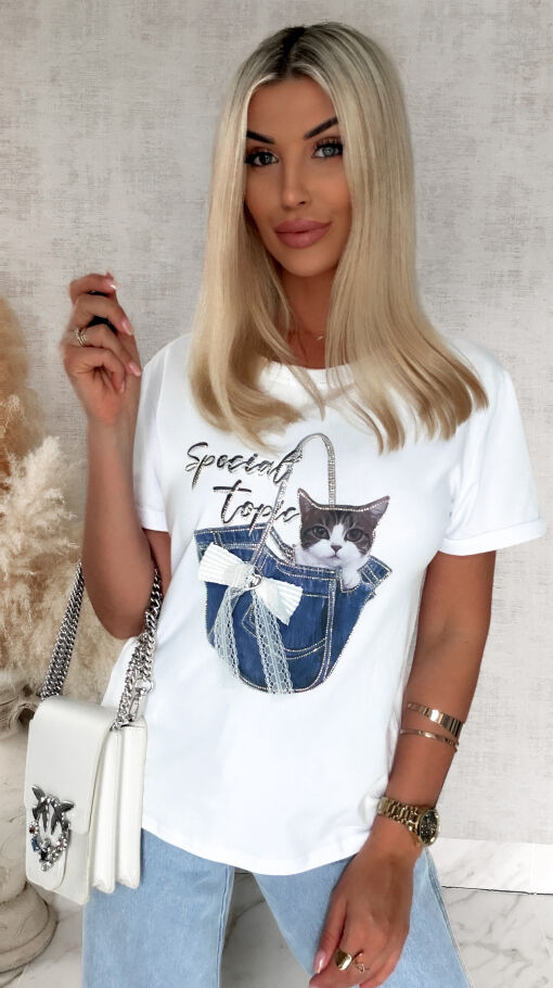Bawełniana biała bluzka T-SHIRT z kotkiem ONE SIZE - S018
