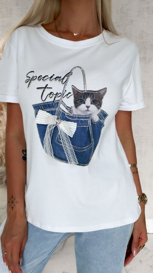Bawełniana biała bluzka T-SHIRT z kotkiem ONE SIZE - S018