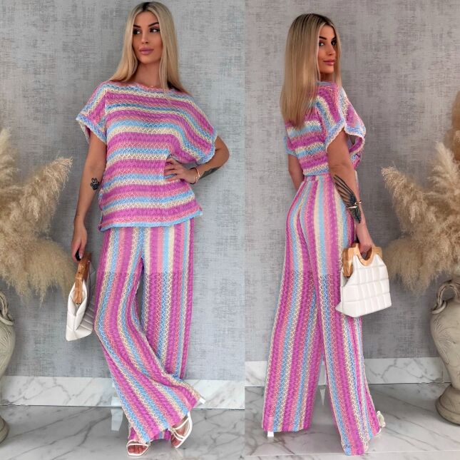 Stylowy luźny komplet w kolorowe paski bluzka + spodnie ONE SIZE - R882