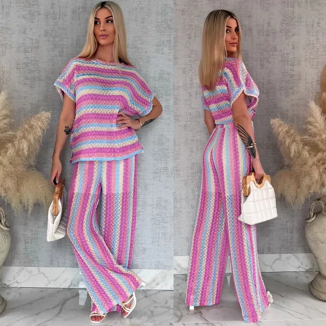 Stylowy luźny komplet w kolorowe paski bluzka + spodnie ONE SIZE - R882