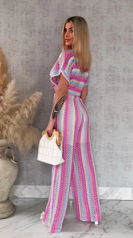 Stylowy luźny komplet w kolorowe paski bluzka + spodnie ONE SIZE - R882