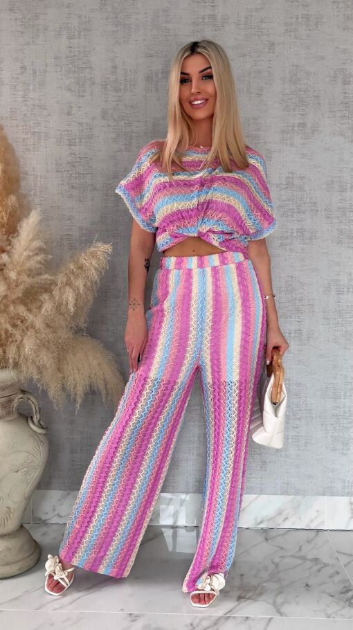 Stylowy luźny komplet w kolorowe paski bluzka + spodnie ONE SIZE - R882