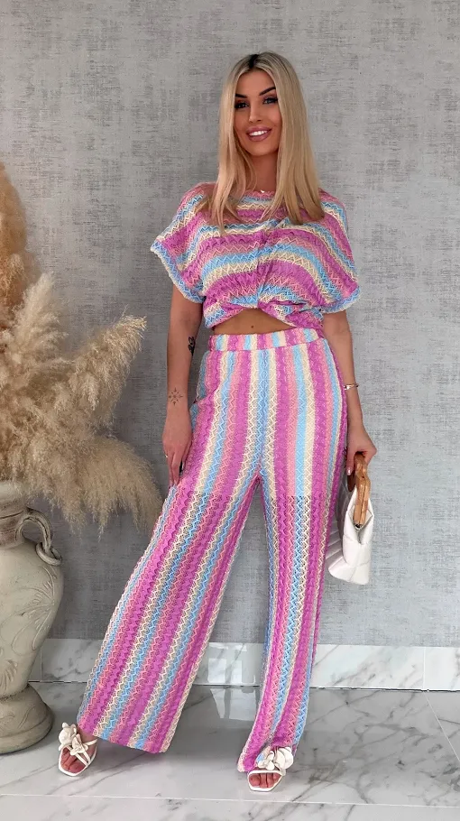 Stylowy luźny komplet w kolorowe paski bluzka + spodnie ONE SIZE - R882