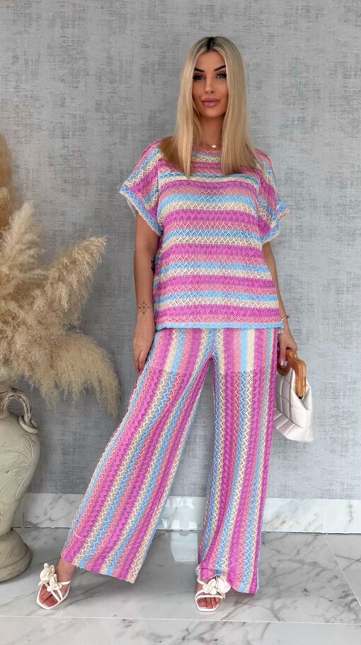 Stylowy luźny komplet w kolorowe paski bluzka + spodnie ONE SIZE - R882