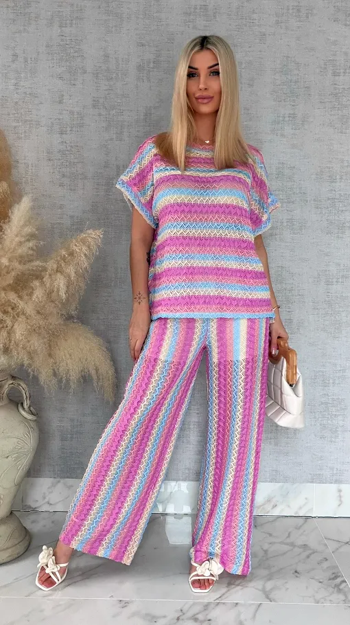 Stylowy luźny komplet w kolorowe paski bluzka + spodnie ONE SIZE - R882
