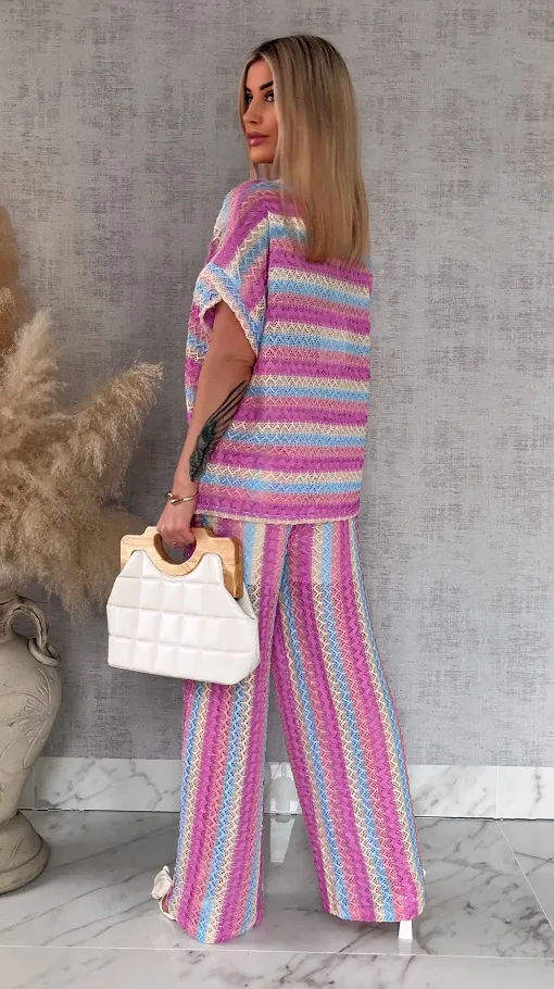 Stylowy luźny komplet w kolorowe paski bluzka + spodnie ONE SIZE - R882