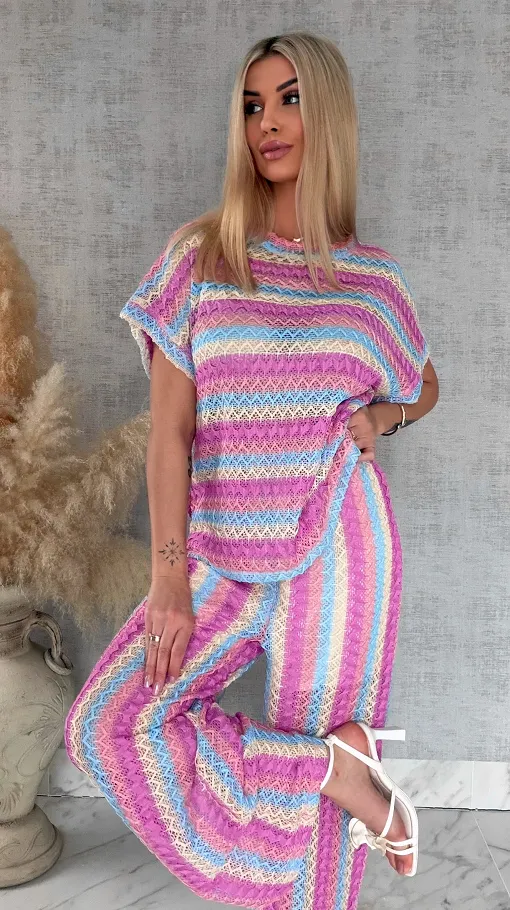 Stylowy luźny komplet w kolorowe paski bluzka + spodnie ONE SIZE - R882