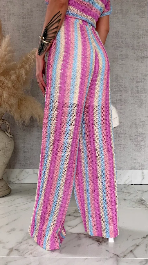 Stylowy luźny komplet w kolorowe paski bluzka + spodnie ONE SIZE - R882