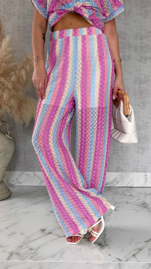 Stylowy luźny komplet w kolorowe paski bluzka + spodnie ONE SIZE - R882
