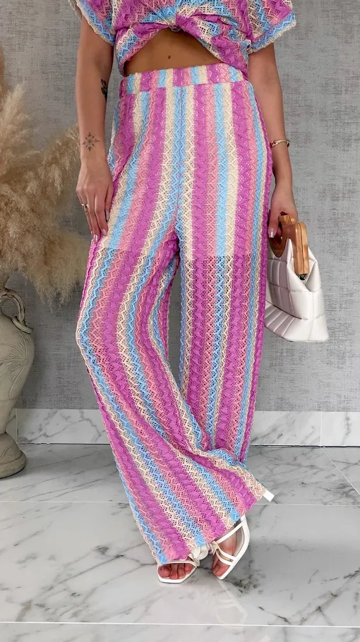 Stylowy luźny komplet w kolorowe paski bluzka + spodnie ONE SIZE - R882