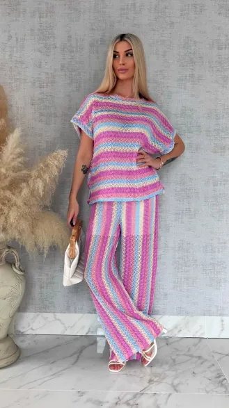 Stylowy luźny komplet w kolorowe paski bluzka + spodnie ONE SIZE - R882