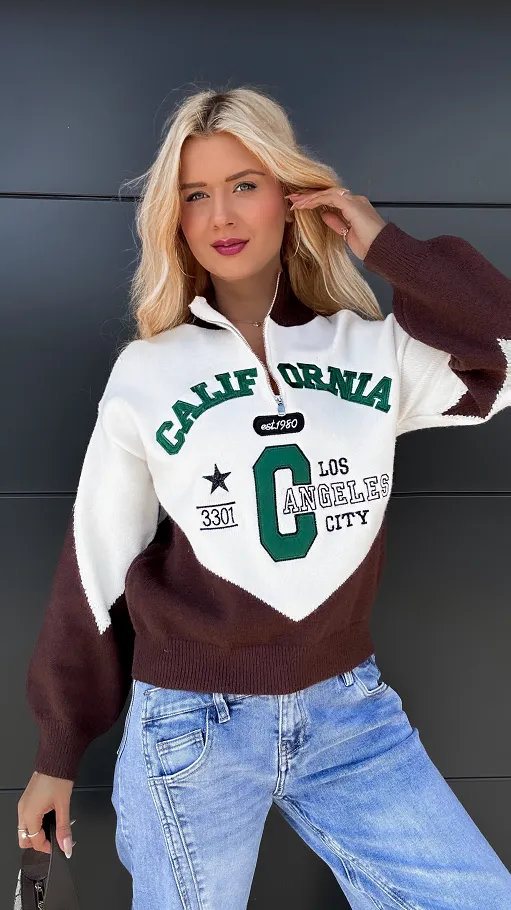 Modny sweter CALIFORNIA z brązową wstawką ONE SIZE - P969A