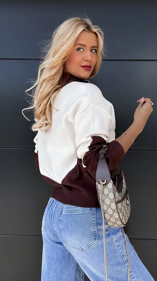 Modny sweter CALIFORNIA z brązową wstawką ONE SIZE - P969A