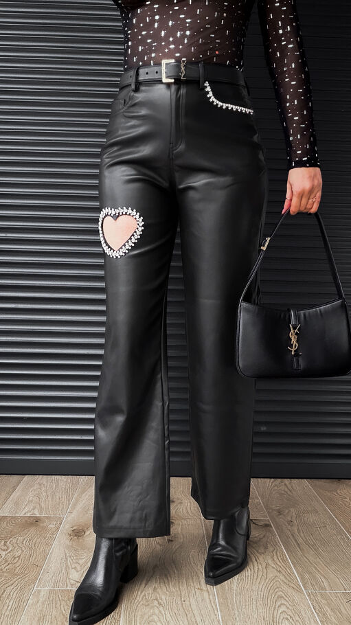 Czarne elastyczne spodnie z eko skóry HEART - R345