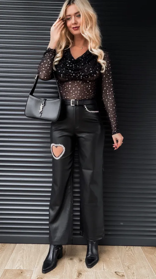 Czarne elastyczne spodnie z eko skóry HEART - R345