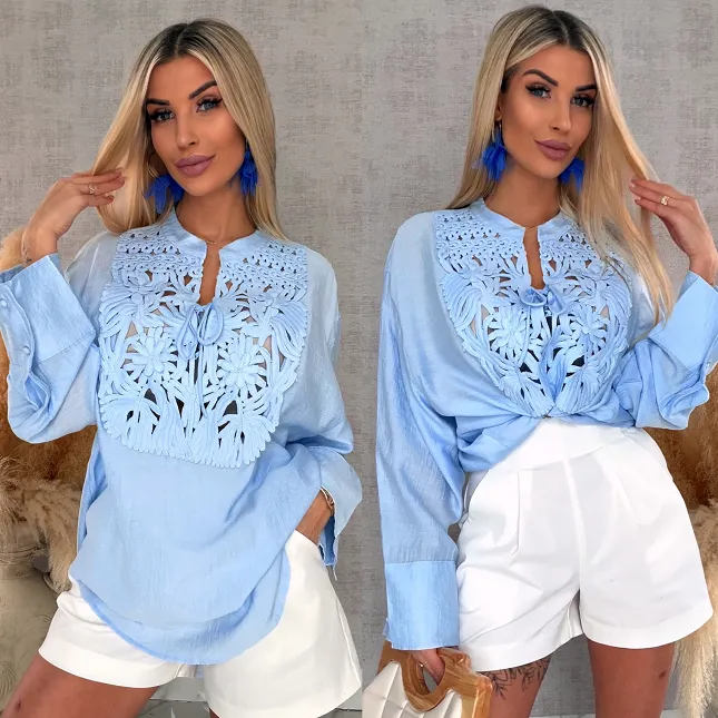 Asymetryczna niebieska bluzka koszulowa w stylu boho ONE SIZE - R686B