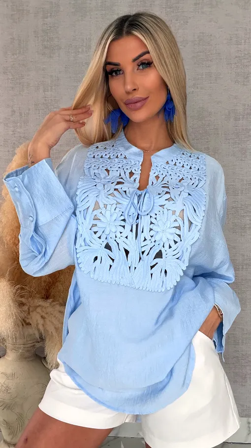 Asymetryczna niebieska bluzka koszulowa w stylu boho ONE SIZE - R686B