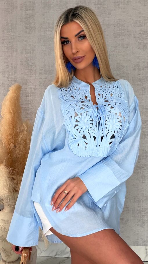 Asymetryczna niebieska bluzka koszulowa w stylu boho ONE SIZE - R686B