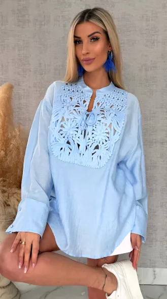 Asymetryczna niebieska bluzka koszulowa w stylu boho ONE SIZE - R686B
