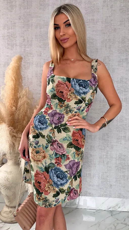 Stylowa sukienka w kolorowe kwiaty z tylnym wiązaniem - R493