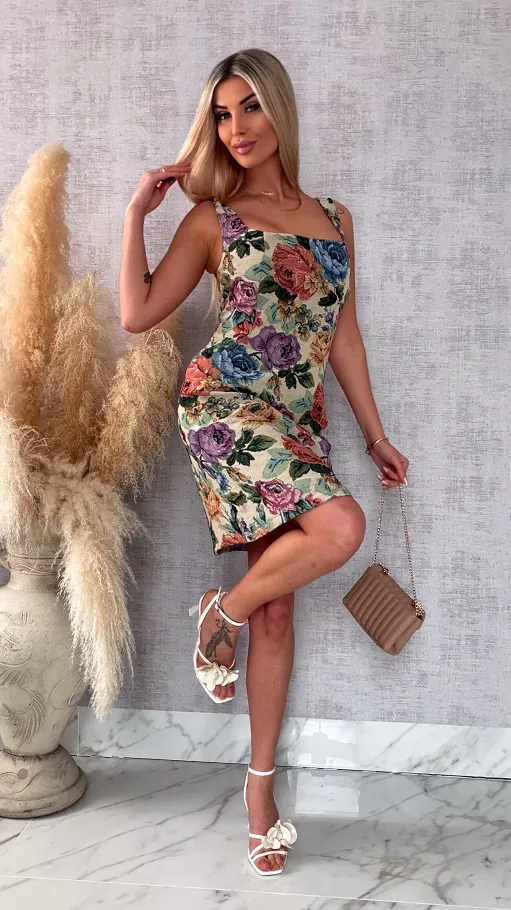 Stylowa sukienka w kolorowe kwiaty z tylnym wiązaniem - R493