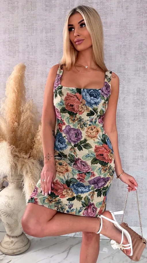 Stylowa sukienka w kolorowe kwiaty z tylnym wiązaniem - R493