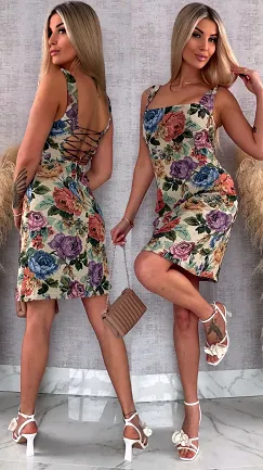 Stylowa sukienka w kolorowe kwiaty z tylnym wiązaniem - R493