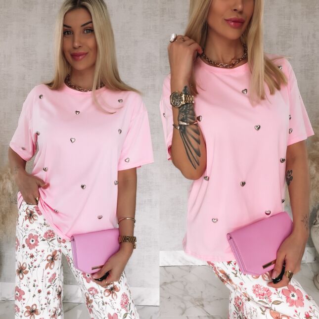 Oryginalna bawełniana bluzka T-SHIRT w metalowe serduszka ONE SIZE pink - R791