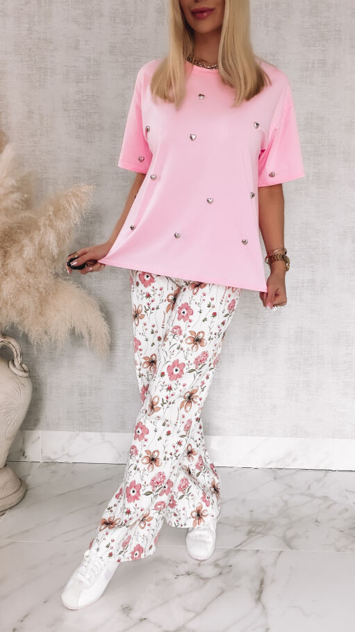 Oryginalna bawełniana bluzka T-SHIRT w metalowe serduszka ONE SIZE pink - R791