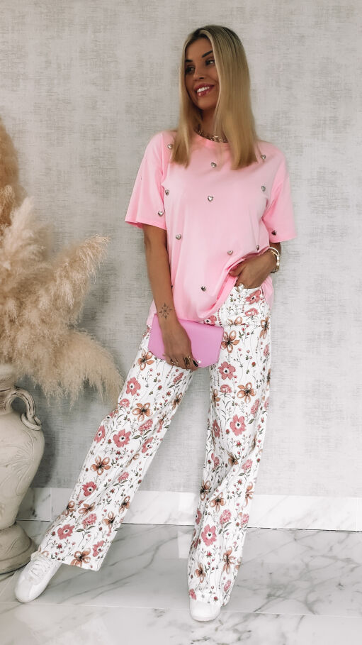 Oryginalna bawełniana bluzka T-SHIRT w metalowe serduszka ONE SIZE pink - R791