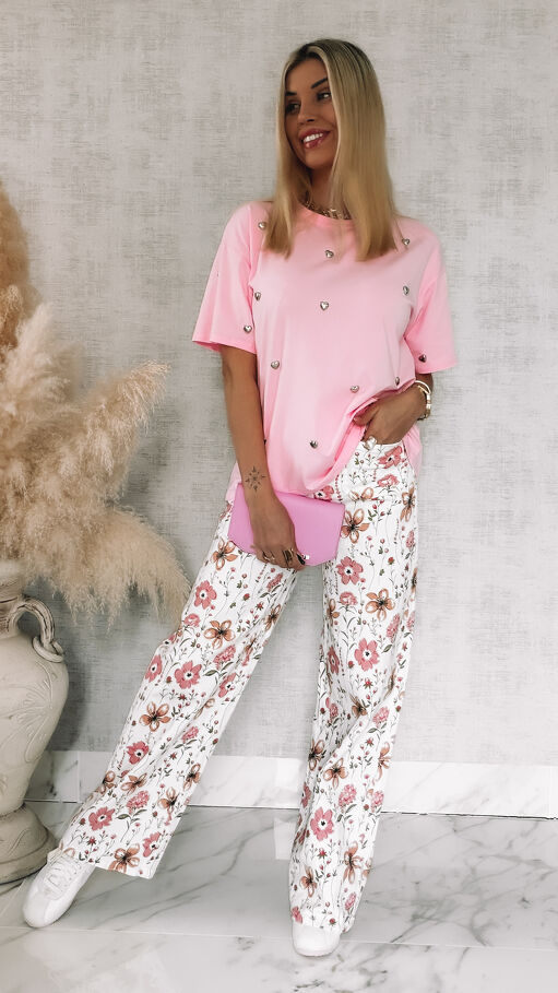 Oryginalna bawełniana bluzka T-SHIRT w metalowe serduszka ONE SIZE pink - R791