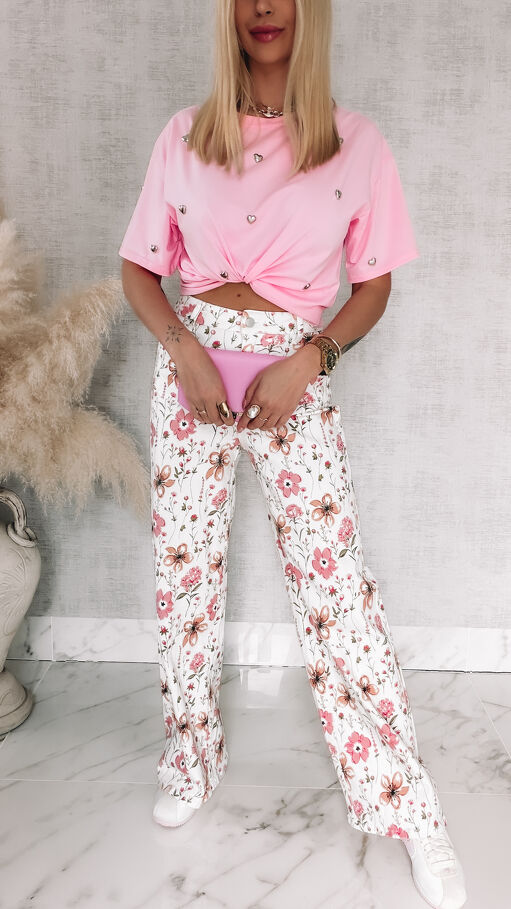 Oryginalna bawełniana bluzka T-SHIRT w metalowe serduszka ONE SIZE pink - R791